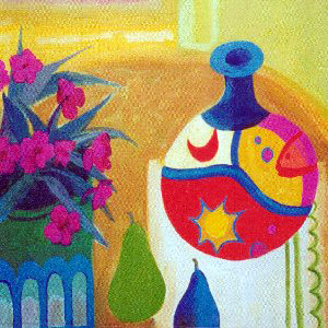 pink flowers with flask