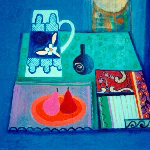 blue stein with red and pink pears on table