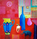 blue bottle with jug, elephant and red pepper