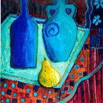 yellow pear, blue bottle and flask