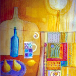 yellow pears, lemon, jug and bottle