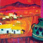 village with red sky and fire mountains