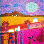 orange landscape with sun and palm trees