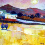 farmhouse, field and mountains